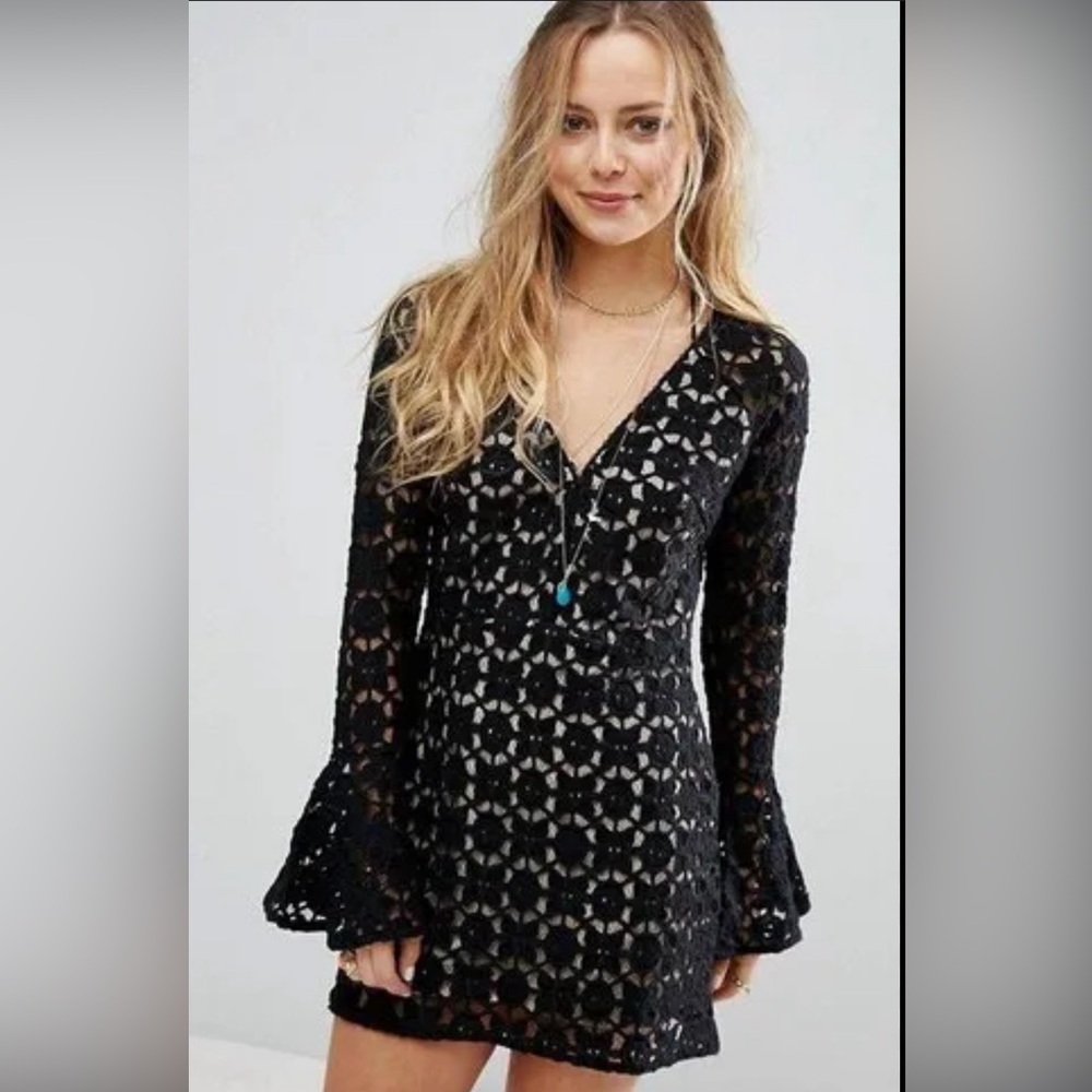 Free People Back to Black Crochet Mini Dress 4 - Picture 3 of 16